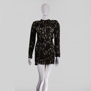 Elegant Black Gold Lace Mini Dress, Long Sleeve Bodycon